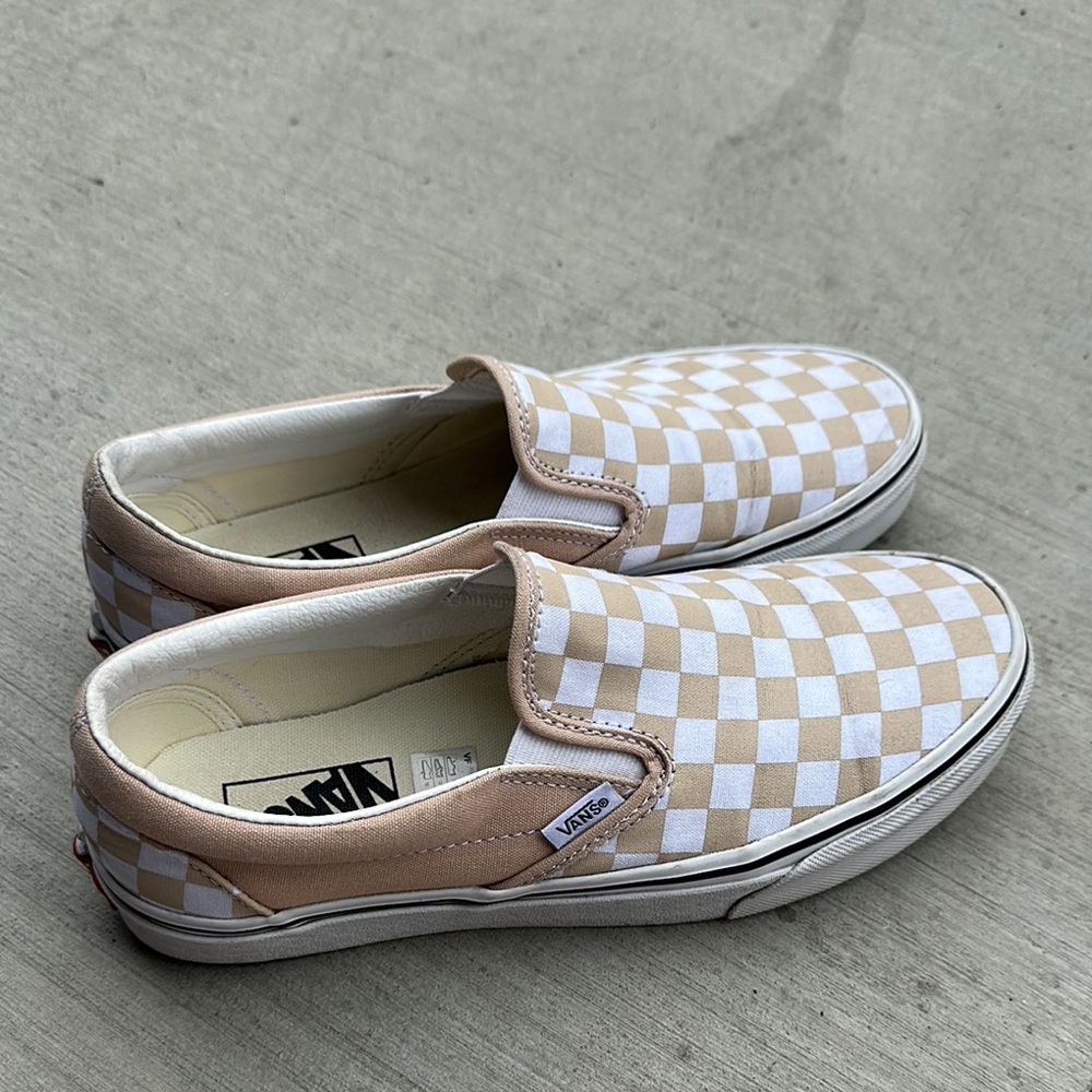 Vans Beige and White Checkerboard Slip-Ons